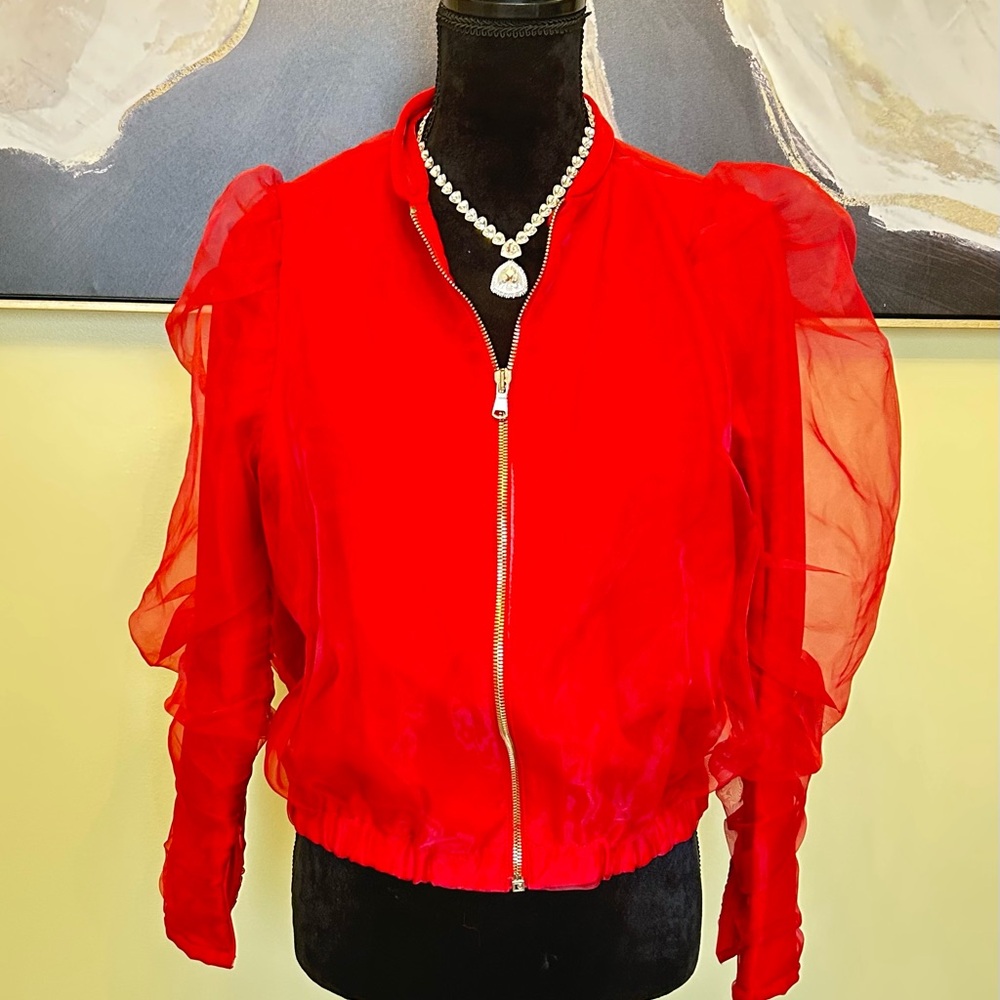 ❤️Zara Vibrant Red Bomber Jacket with Sheer Sleeves❤️